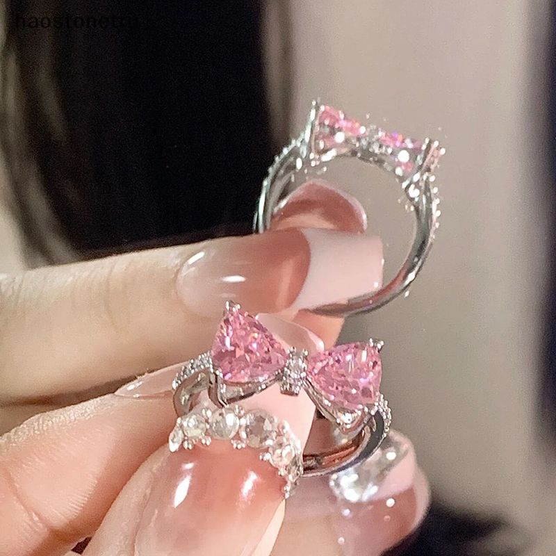 Ru Nhẫn Đính Đá Zircon Màu Hồng Thiết Kế Hình Nơ Thời Trang Tinh Tế Làm Quà Tặng Sinh Nhật Cho Bạn Gái n