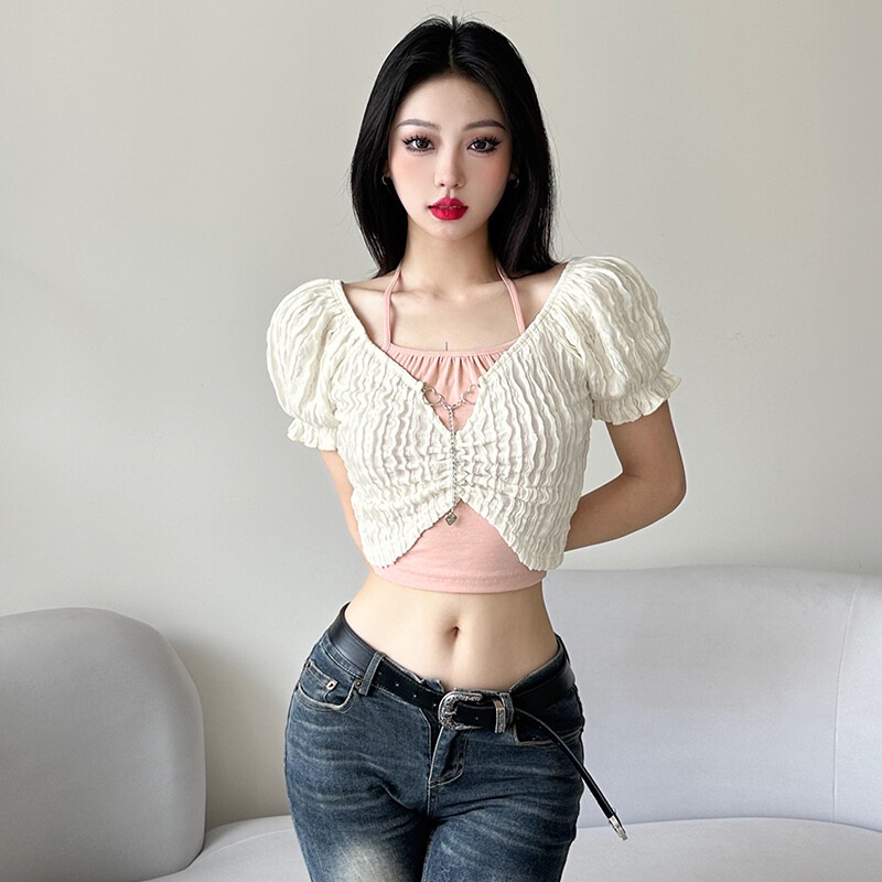 Weird Puss Áo Thun Crop Top Tay Ngắn Cổ Yếm Đơn Giản Thời Trang Mùa Hè Dành Cho Nữ