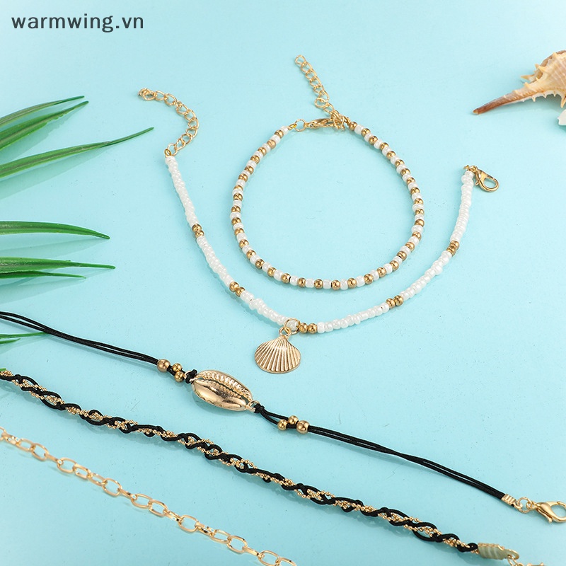 Set 5 Lắc Chân Nhiều Lớp Đính Hạt Vỏ Sò Phong Cách Boho Thời Trang Đi Biển Mùa Hè Cho Nữ