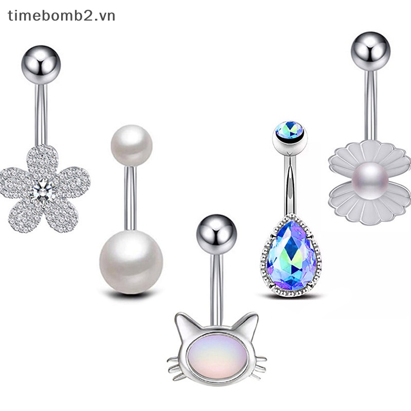 {Timebomb} Khuyên Rốn Bằng Thép Trang Trí Hoa Pha Lê Chất Lượng Cao Thời Trang Làm Quà Tặng Trang Sức.