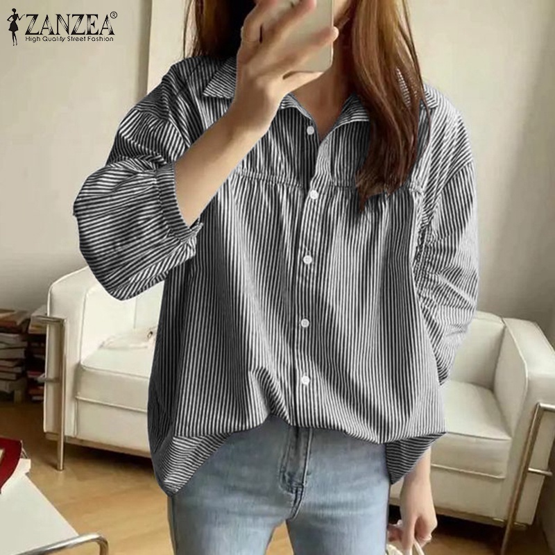 Zanzea Áo Sơ Mi Tay Phồng Họa Tiết Kẻ Sọc Phong Cách Hàn Quốc Dành Cho Nữ