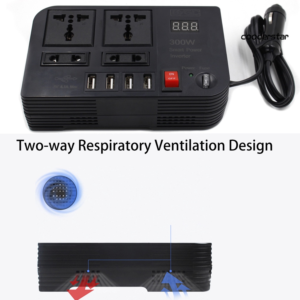 Quạt Làm Mát 300W Chuyển Đổi Điện Áp DC 12V Sang AC 220V 4 Cổng USB Có Đèn LED Cho Xe Hơi