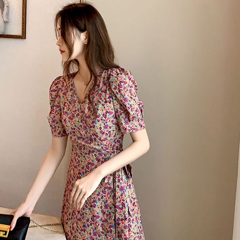 Đầm Hoa Tay Ngắn Cổ Chữ v Dáng Xòe Ôm Eo Thời Trang Cho Nữ