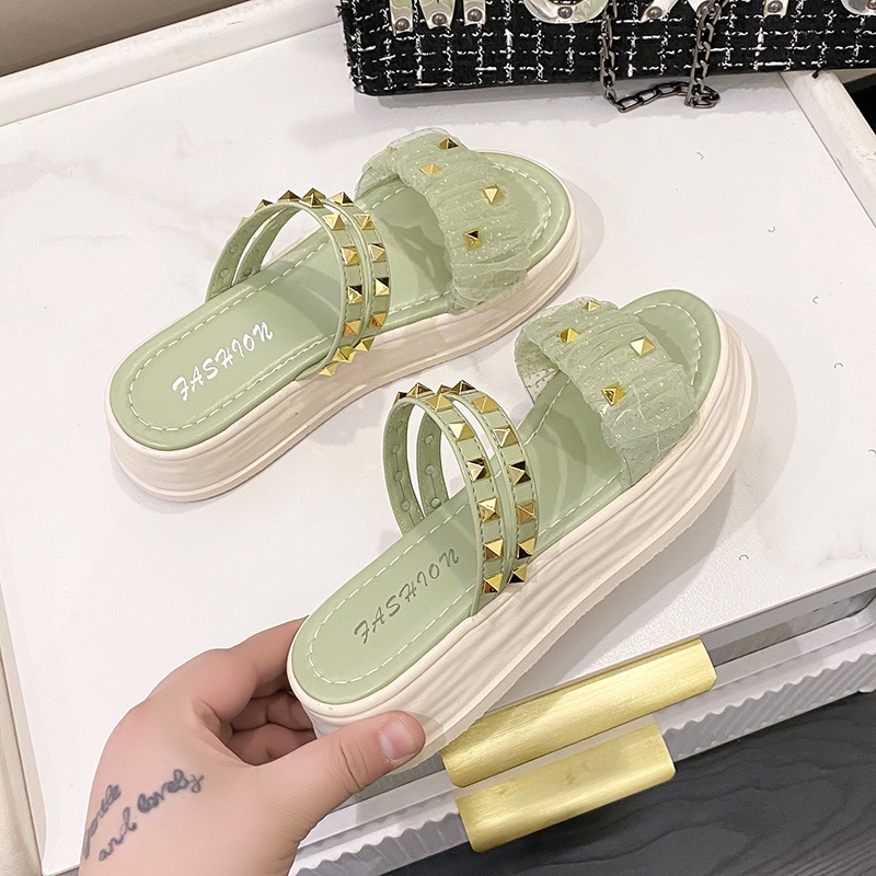 Ielgy Dép Lê Mũi Tròn Trang Trí Kim Loại Thời Trang Hàn Quốc Giản Dị Đế Dày Mặc Ngoài Trời Cho Nữ