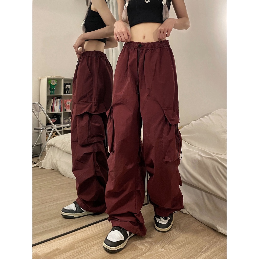[F &amp; X] Quần Yếm Ống Rộng Màu Đỏ Dáng Rộng Phong Cách Đường Phố Mỹ Cho Nam Và Nữ