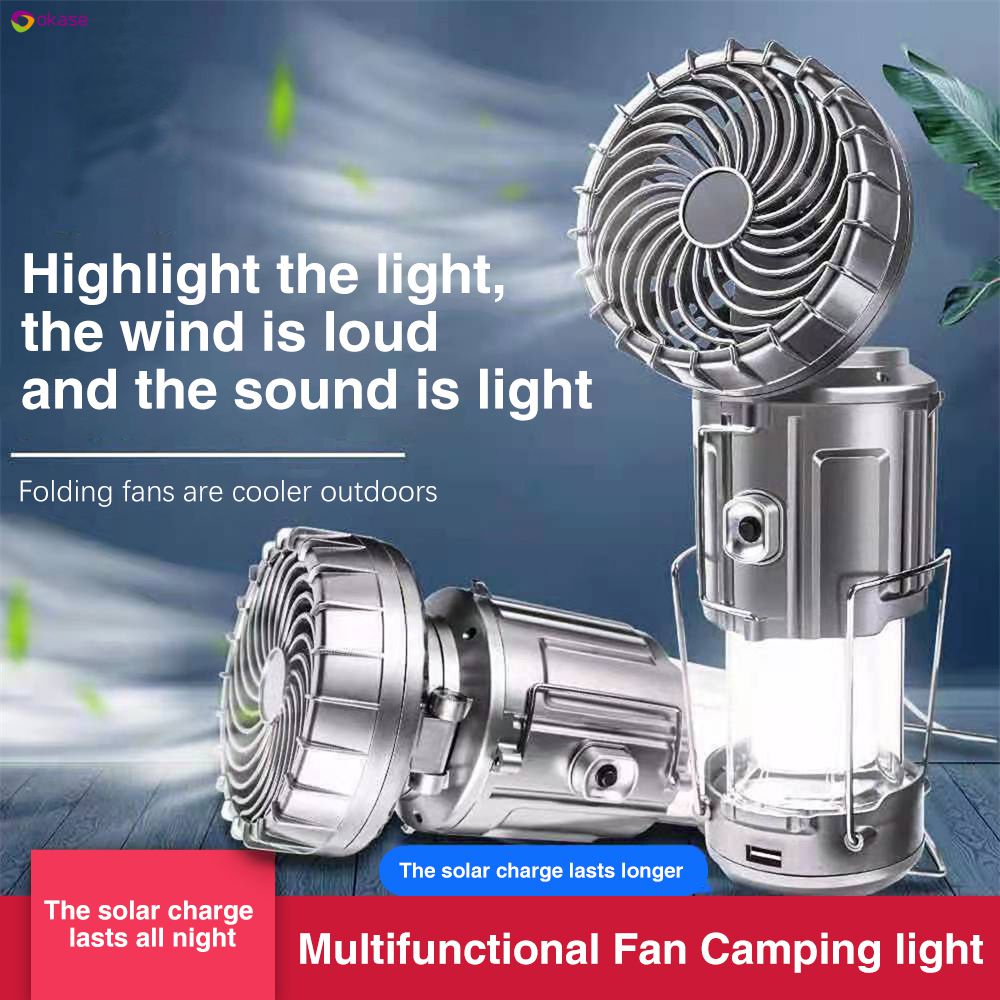 Quạt Năng Lượng Mặt Trời Đèn Cắm Trại Di Động Co Giãn Công Tắc Đèn Cắm Trại Sạc USB Pin Lithium Khẩn Cấp Đèn Ngựa Đèn okase