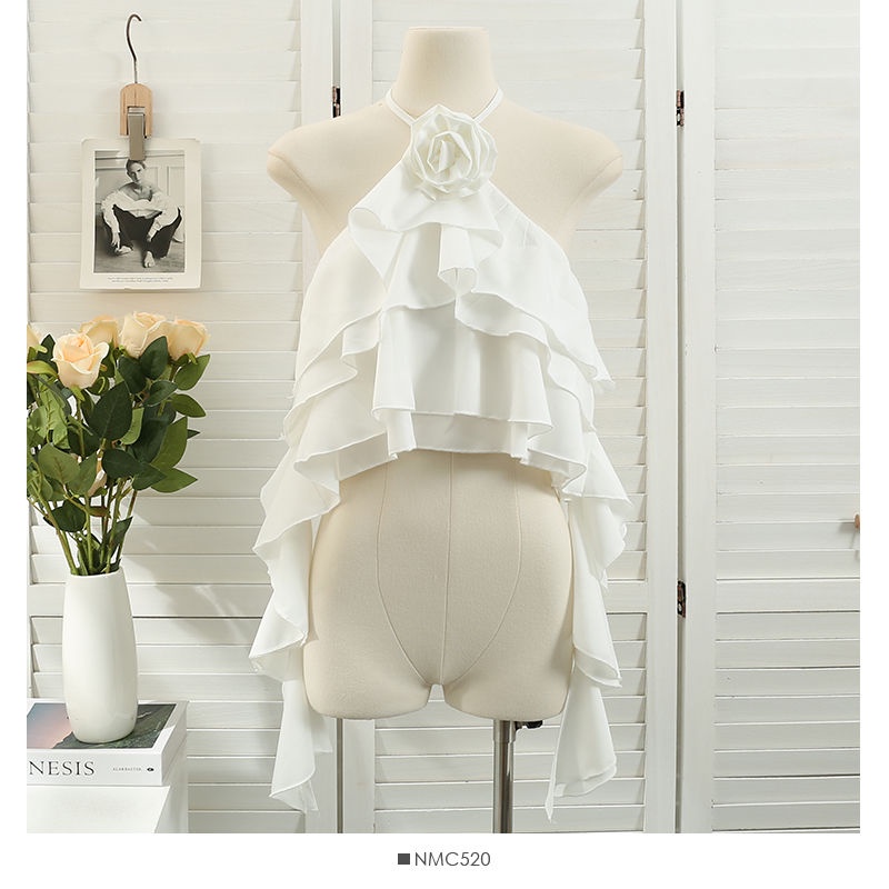 Áo Hai Dây Trễ Vai Phối Bèo Nhún Màu Trơn Phong Cách Quyến Rũ