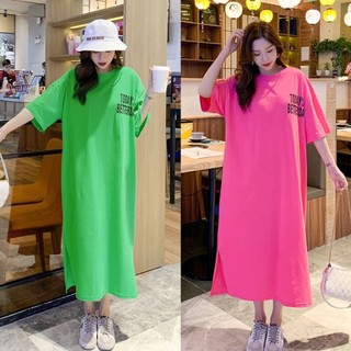 [Plus Size] (40-150kg) Đầm Dài Qua Gối Tay Ngắn Màu Trơn