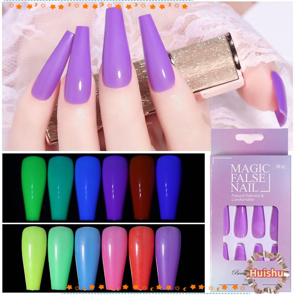 HS Bộ 24 Móng Tay Giả Hình Quan Tài Siêu Dài Màu Sắc Tươi Sáng