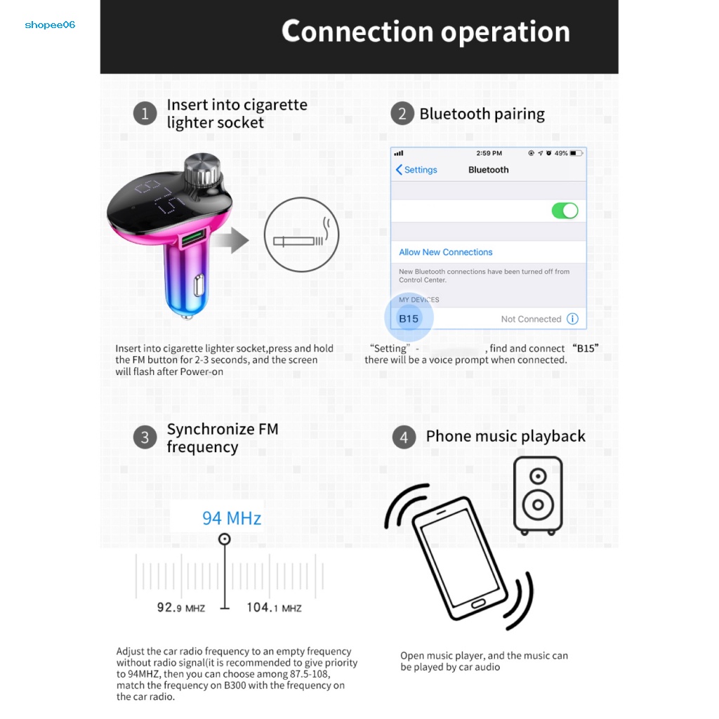 Tẩu Sạc Nhanh QC3.0 Kiêm Máy Nghe Nhạc MP3 FM Bluetooth Hỗ Trợ Thẻ Nhớ TF