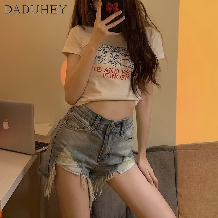 Quần short denim DaDuHey lưng cao viền thô phong cách đường phố thời trang cho nữ
