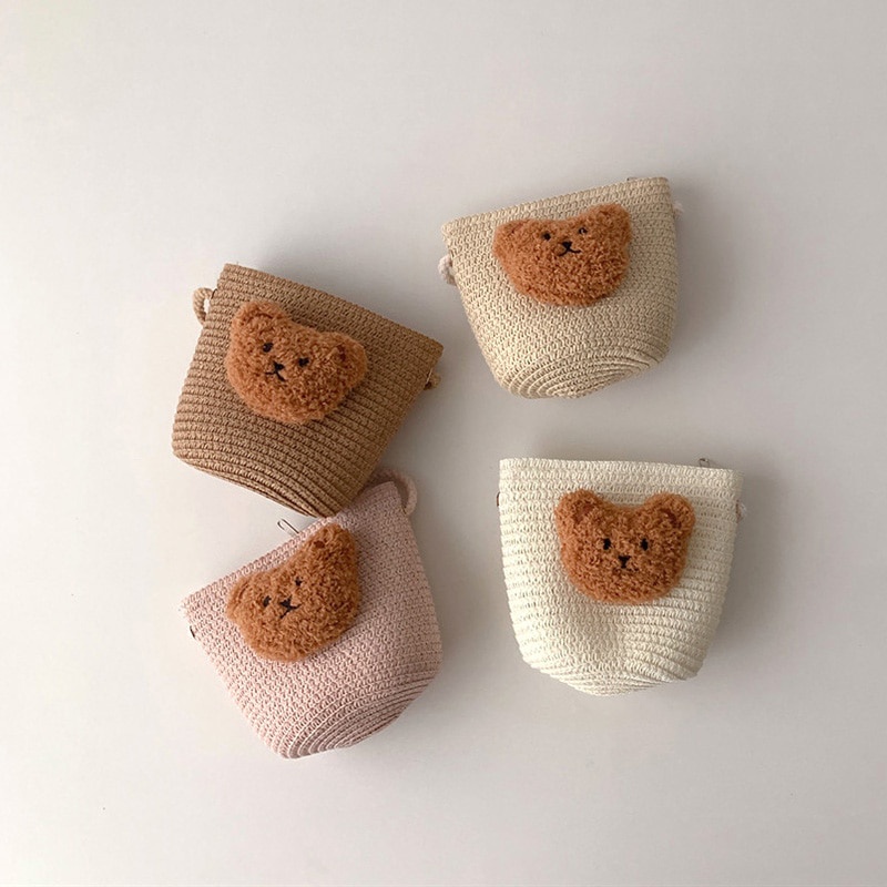 Túi Đeo Chéo Đan Lát Hình Gấu Nhỏ Dễ Thương Cho Bé Gái