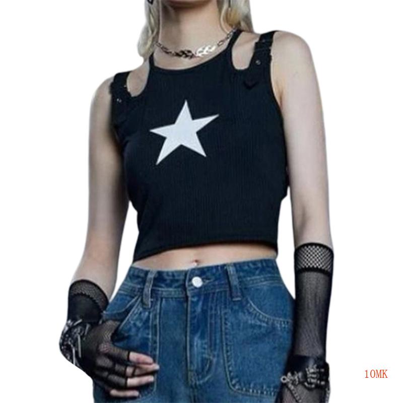 Áo Croptop Hai Dây Màu Trơn In Họa Tiết Ngôi Sao Quyến Rũ Thời Trang Mùa Hè Cho Nữ