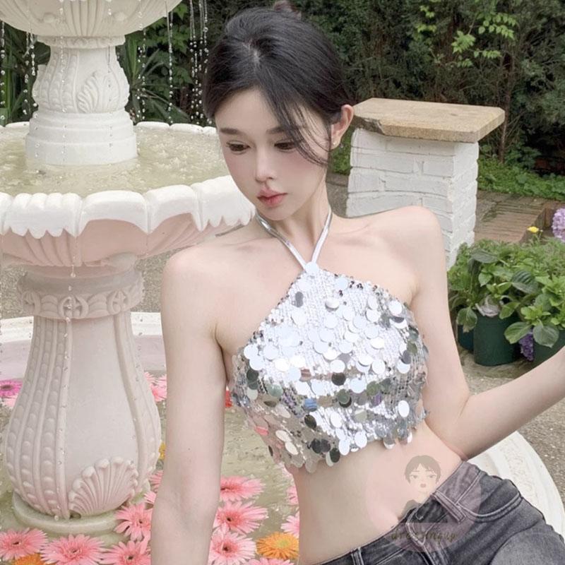 Áo Tank Top Hở Lưng Đính Kim Sa Lấp Lánh Cá Tính Cho Nữ