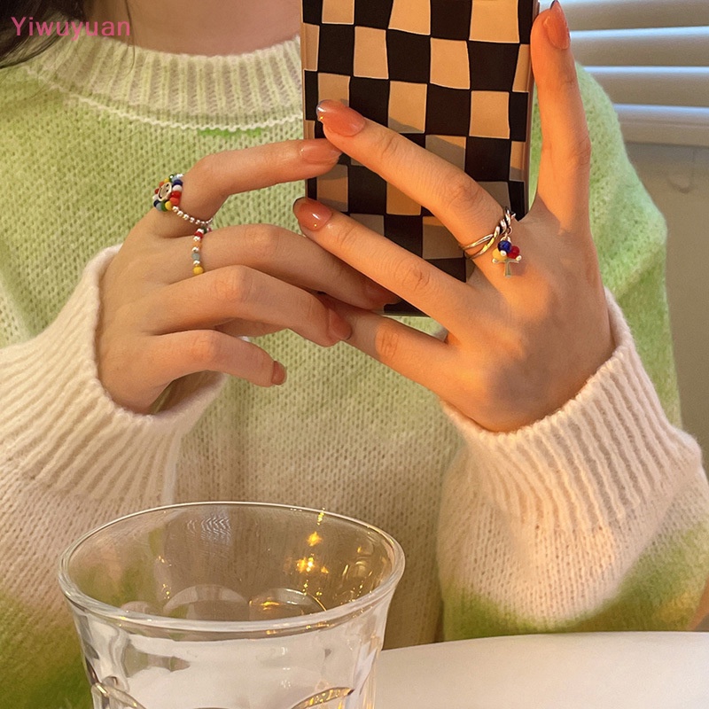 < Yiwuyuan > Nhẫn Đính Hạt Cườm Co Giãn Nhiều Màu Sắc Ins Thiết Kế Ins Dễ Thương Dành Cho Bạn Nữ
