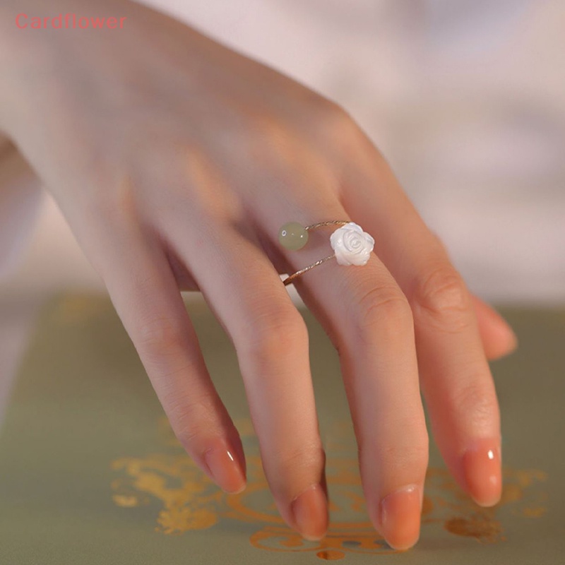 &lt; Cardflower &gt; Nhẫn Hở Hình Hoa Hồng Ngọc Bích Trắng Thời Trang Vintage Có Thể Điều Chỉnh Cho Nữ