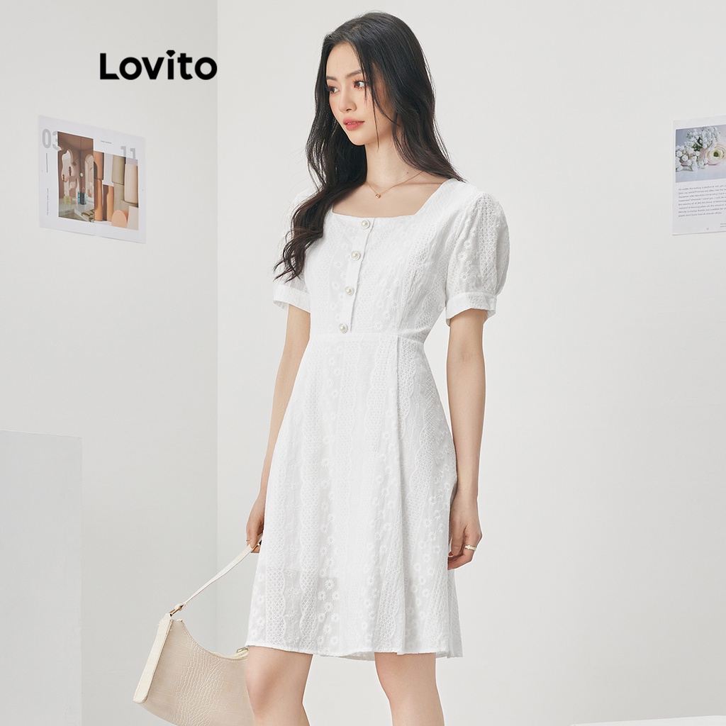 Đầm Lovito màu trơn xếp nếp siết eo nút ngọc trai phong cách thường ngày dành cho nữ L52AD072 (trắng)