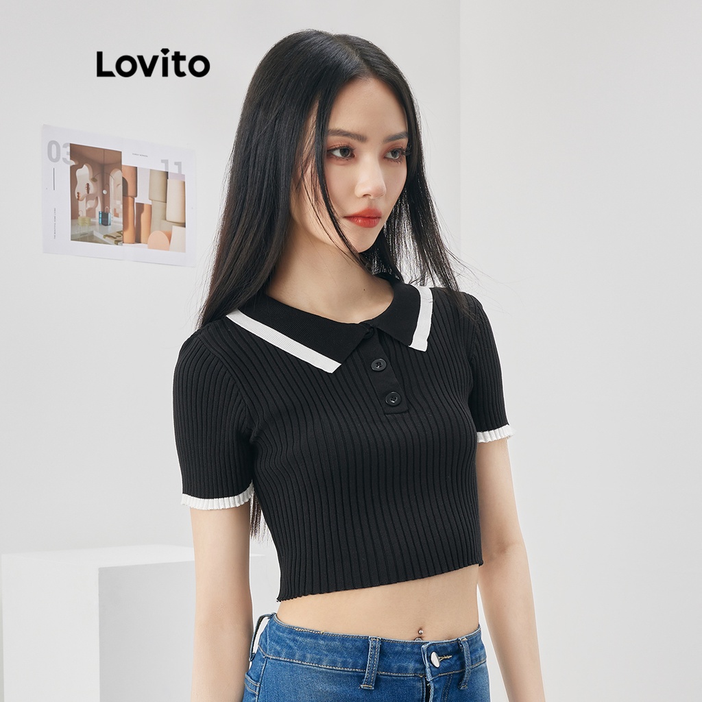 Áo dệt kim Lovito màu trơn ghép nối màu sắc có nút cơ bản cho nữ L52AD059 (cam đỏ/ trắng/ tím/ xanh dương/ đen)