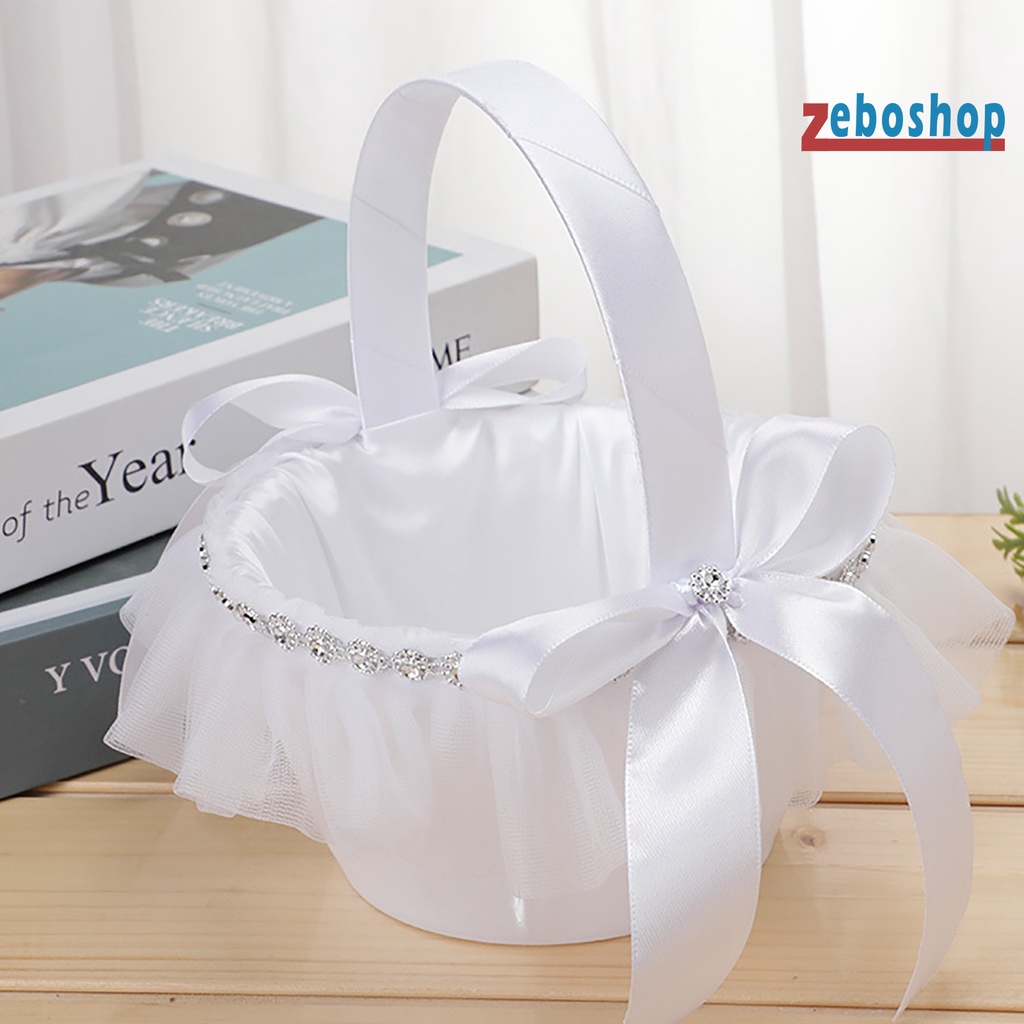 [ZEBO] Giỏ Hoa Cầm Tay Mini Màu Trắng Đính Đá Giả Kim Cương Lãng Mạn Thanh Lịch Trang Trí Đám Cưới