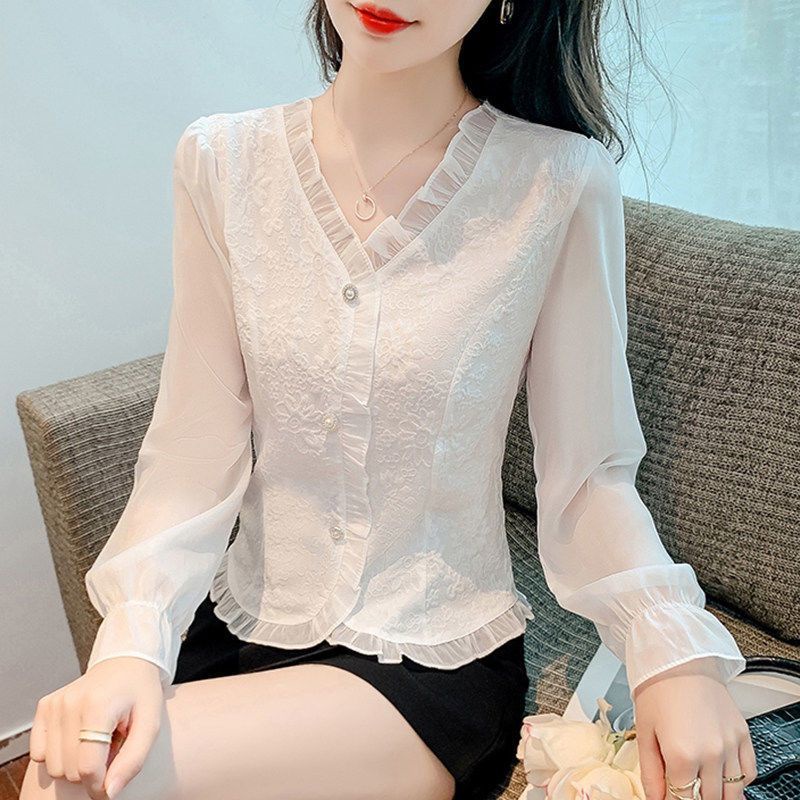 Áo Sơ Mi Chiffon Tay Dài Cổ Chữ V In Họa Tiết Hoa Phong Cách Trung Quốc Thời Trang Mùa Hè Hàng Mới Dành Cho