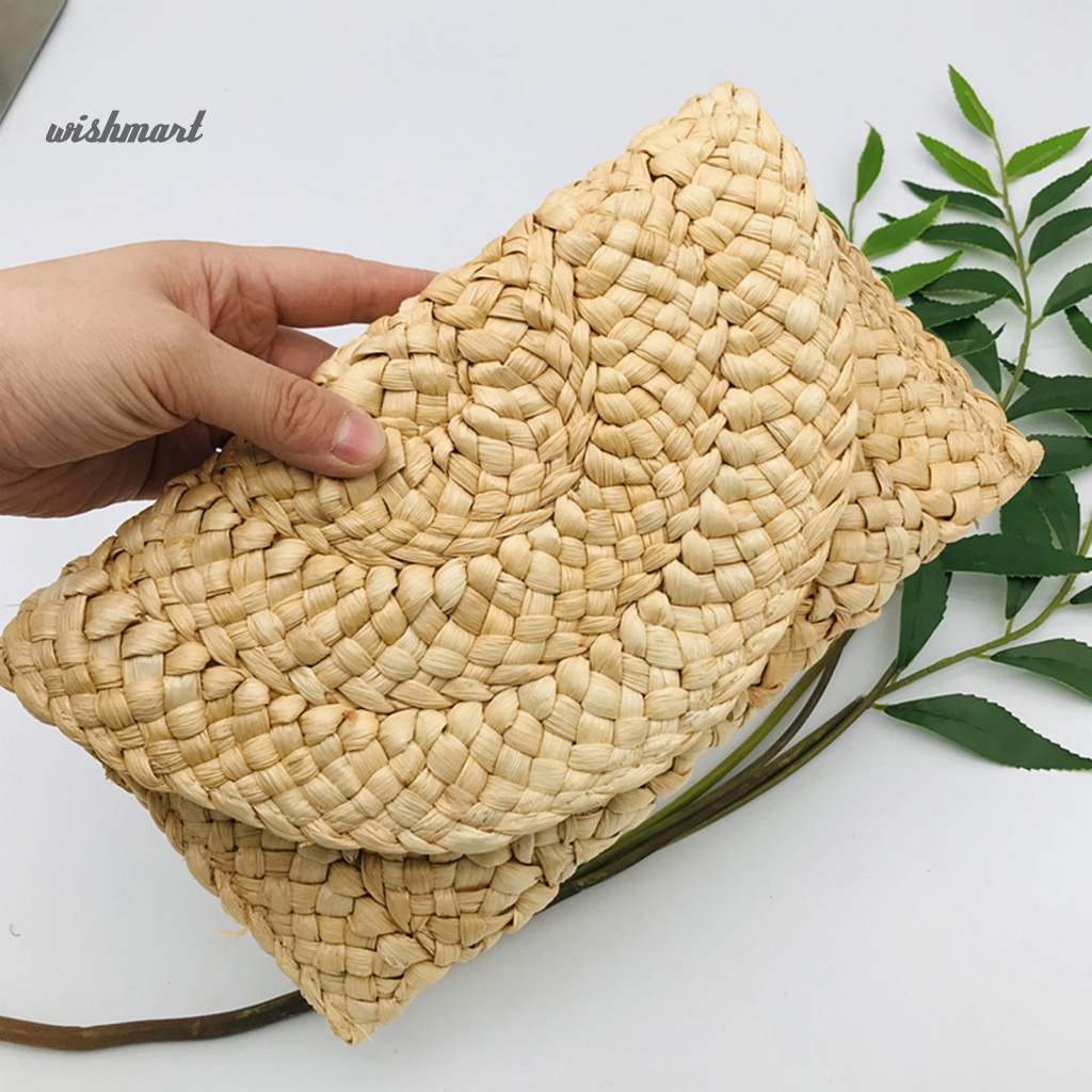 Ví Cói Cầm Tay Phối Nút Bấm Thời Trang Cho Nữ