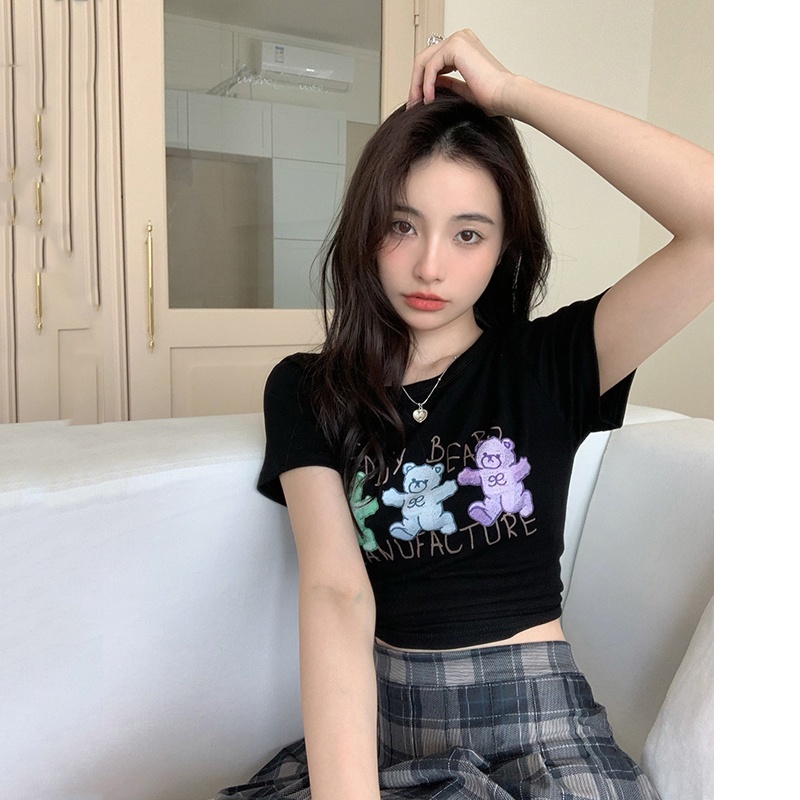 Áo Thun Crop Top Nữ Tay Ngắn Mới In Hình Gấu Nhỏ Dễ Thương Thời Trang Mùa Hè Cho Nữ