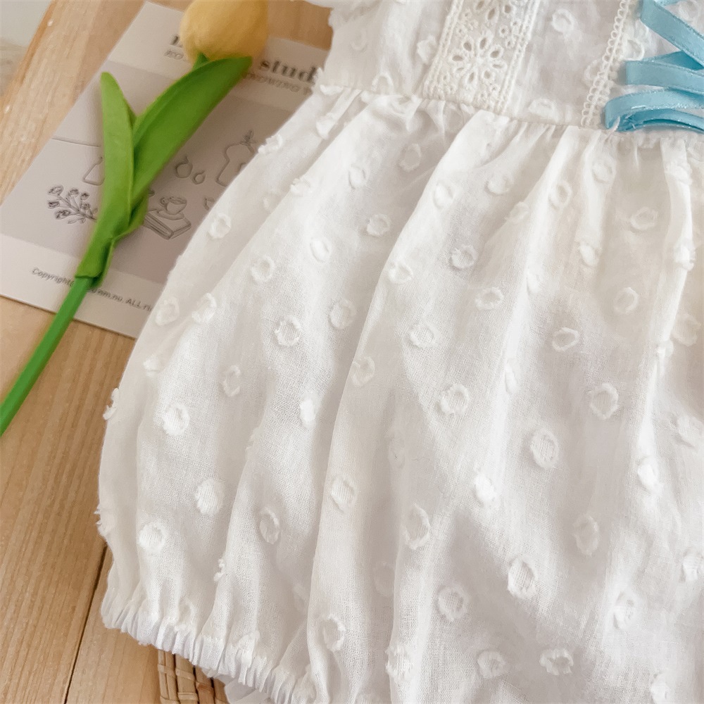 Bộ Áo Liền Quần Vải Cotton Phối Ruy Băng Lụa Thời Trang Mùa Hè Cho Bé Gái