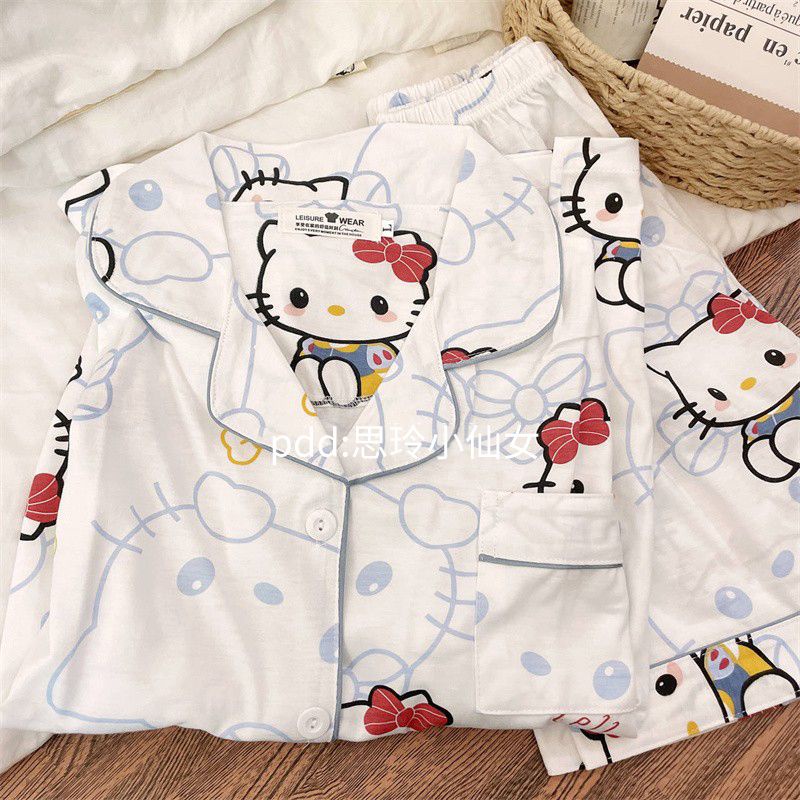 Bộ Đồ Ngủ Ngắn Tay In Hoạt Hình Hello Kitty Phong Cách Nhật Bản Cho Nữ