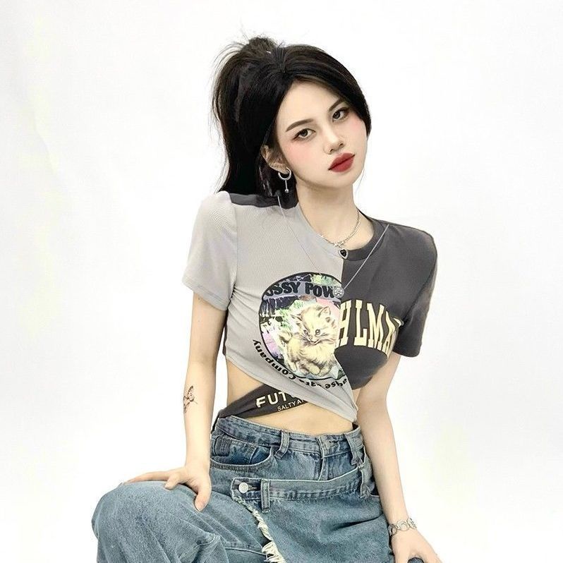 Áo Thun Ngắn Tay Phối Màu Sắc Tương Phản Cá Tính Cho Nữ