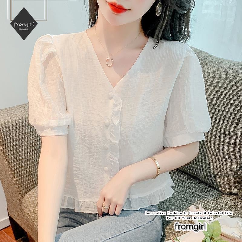 Áo Sơ Mi chiffon Tay Ngắn Phồng Cổ Chữ V Dáng Rộng Thời Trang Hàn Quốc Dành Cho Nữ