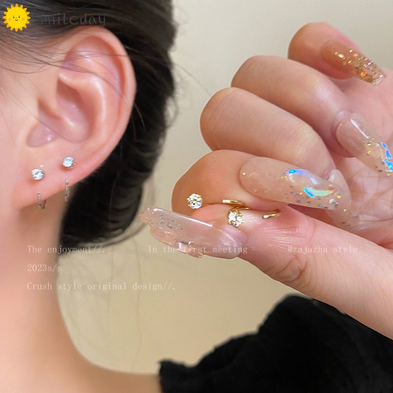 Bông Tai Móc Đính Đá Đơn Giản Màu Vàng / Bạc Thời Trang Cho Nữ