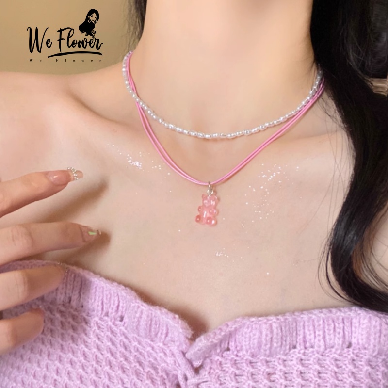 We Flower Set 2 Vòng cổ Mặt Hình Gấu Gummy Đính Ngọc Trai Màu Hồng Ngọt Ngào Cho Nữ