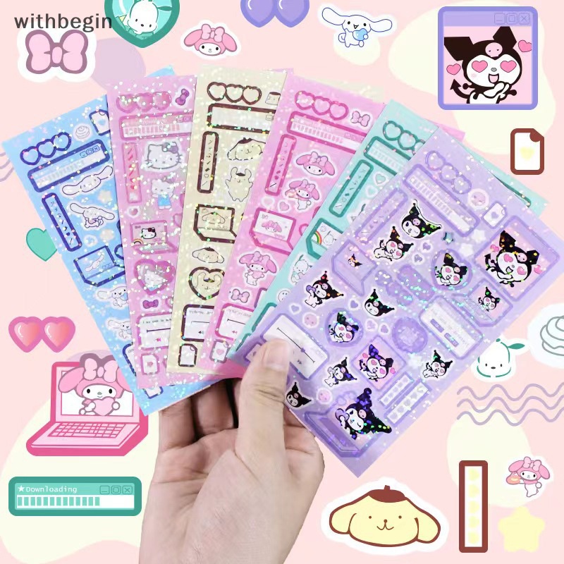 Bộ 6 Tấm Nhãn Dán Họa Tiết Hoạt Hình Melody Kuromi Hello Kitty Màu Laser Chống Thấm Nước Trang Trí Đồ Chơi Cho Bé DIY
