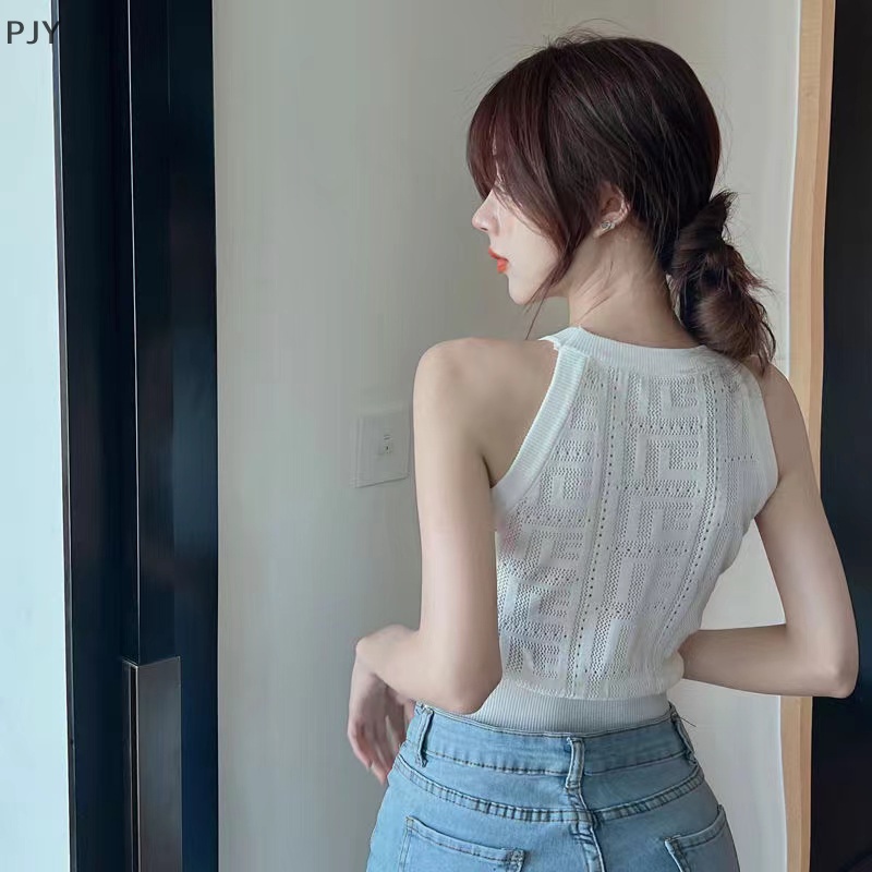 Áo Croptop Dệt Kim Không Tay Dáng Ôm Y2K Có Gân Hở Vai PJ