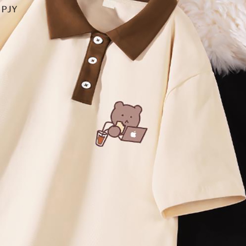 Áo Thun Tay Ngắn Cổ Peter Pan In Họa Tiết Hoạt Hình Phối Màu Tương Phản Thời Trang Cho Nữ 2022 PJ