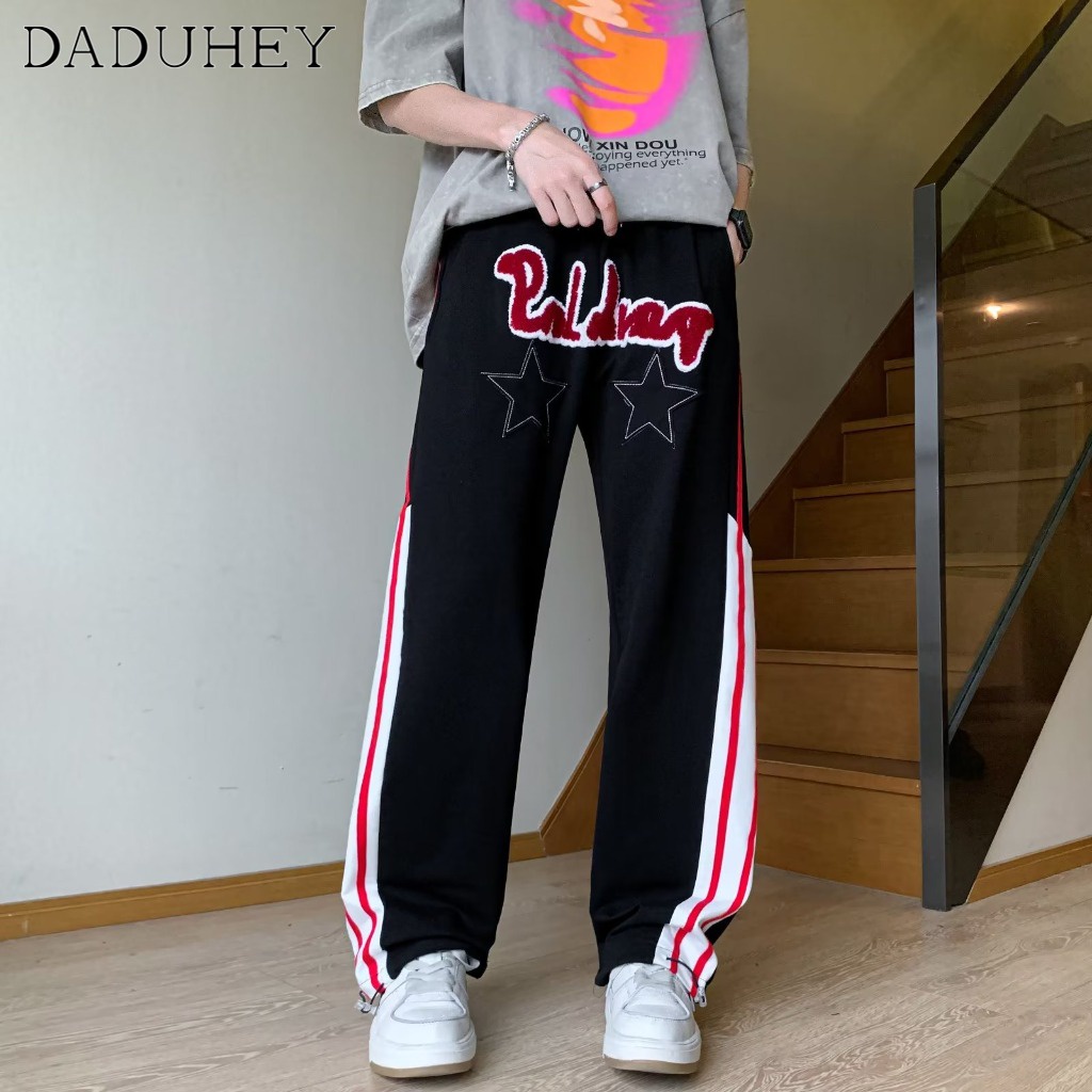 DaDuHey Men's Hong Kong Style Summer Trendy Striped Casual Pants Fashion Embroidered Casual Loose Track Pants Jogger Pants