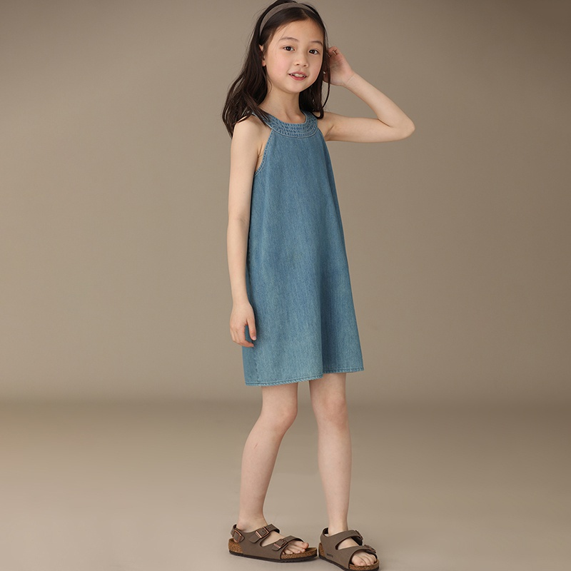 Đầm Yếm Denim Cổ Tròn Thời Trang Mùa Hè Hàn Quốc Dành Cho Bé Gái