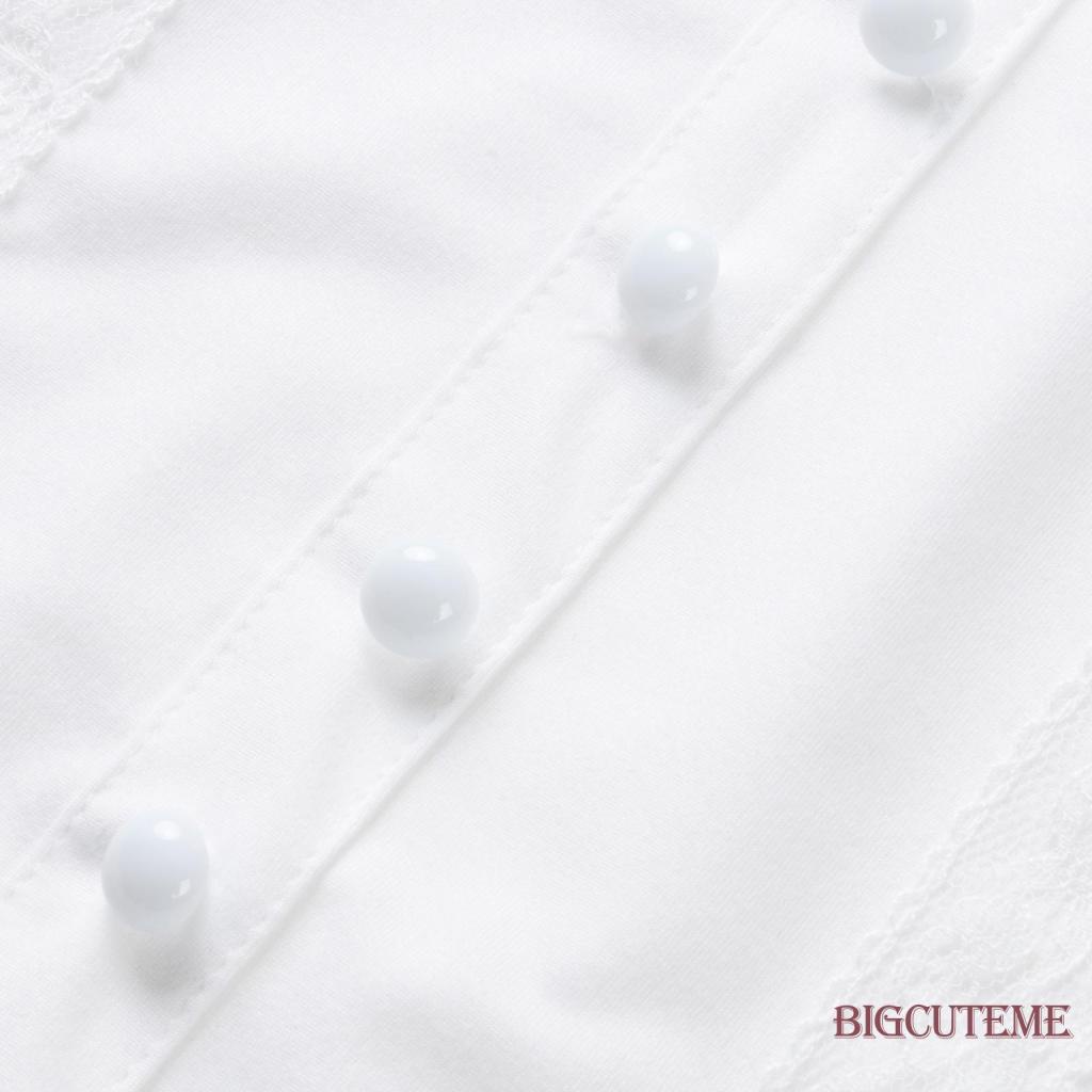 Áo Sơ Mi Mùa Hè Tay Cộc Cổ Chữ V Viền Bèo Nhún Màu Sắc Trơn Trang Trí Nút Cổ Điển Cho Nữ