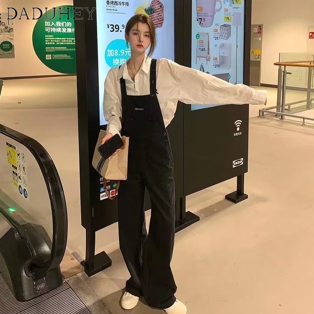 DaDuHey New Hong Kong Style Retro Strap Jeans WOMEN'S Niche High Waist Loose Wide Leg Pants Trousers