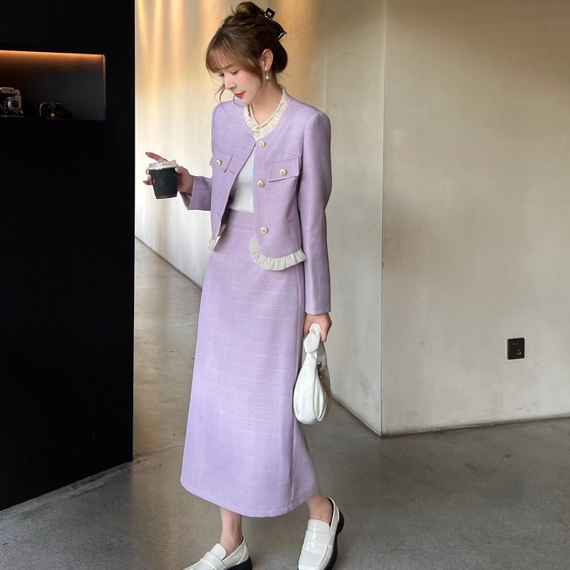 Bộ Áo Khoác + Chân Váy Màu Trơn Phong Cách retro Sang Trọng Cho Nữ tw