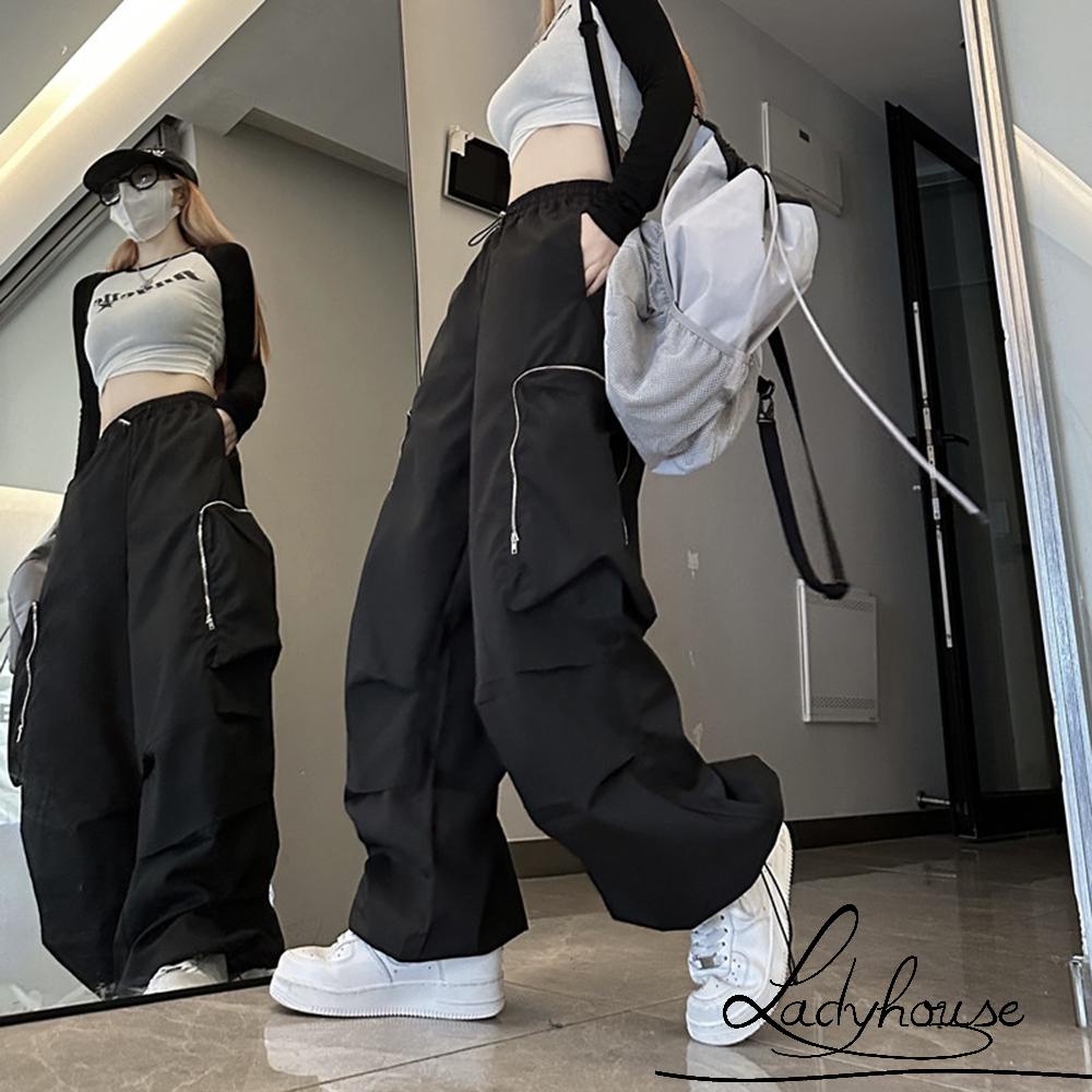 Quần Baggy Lưng Cao Màu Trơn Có Dây Rút Và Túi Đựng Đồ Đường Phố Cho Nữ