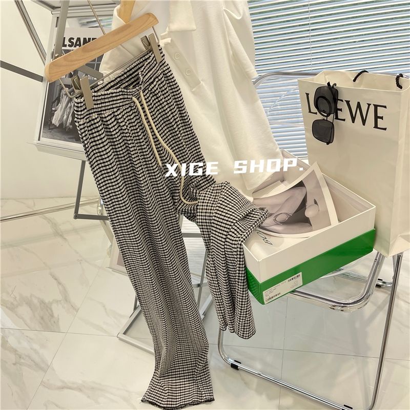 Quần Dài Ống Rộng Họa Tiết Caro Trắng Đen Thời Trang Cho Nữ
