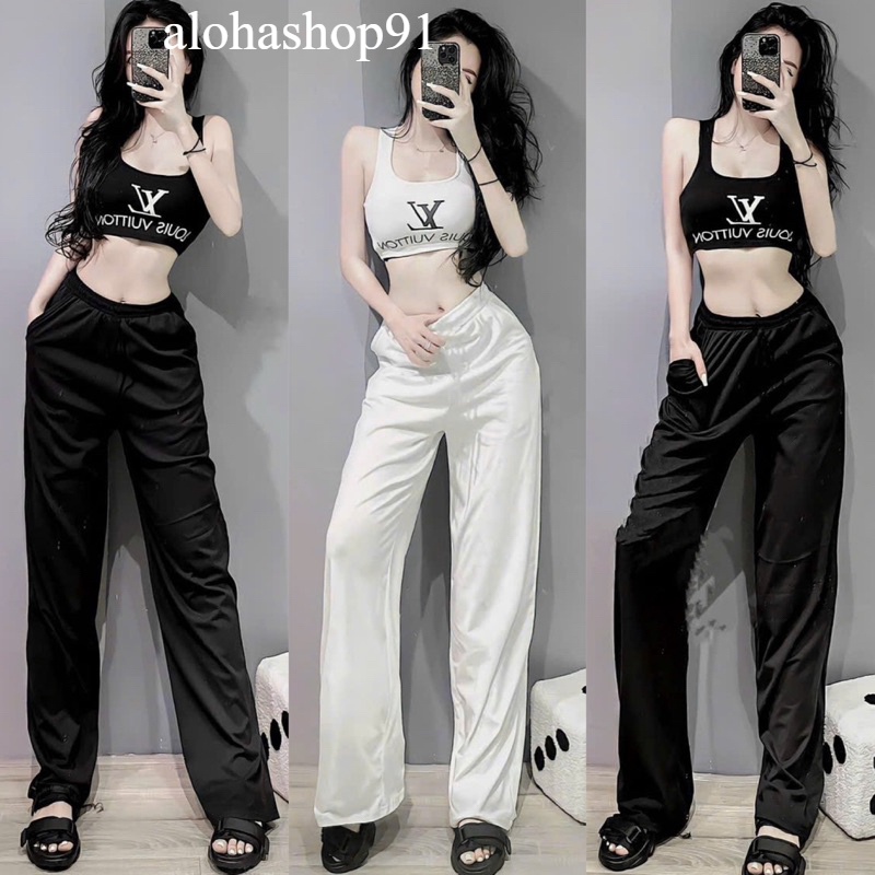 Set Bộ Áo Croptop Dây Bản To LV + Quần Ống Rộng Chất Tăm Bo Full Cây alohashop91