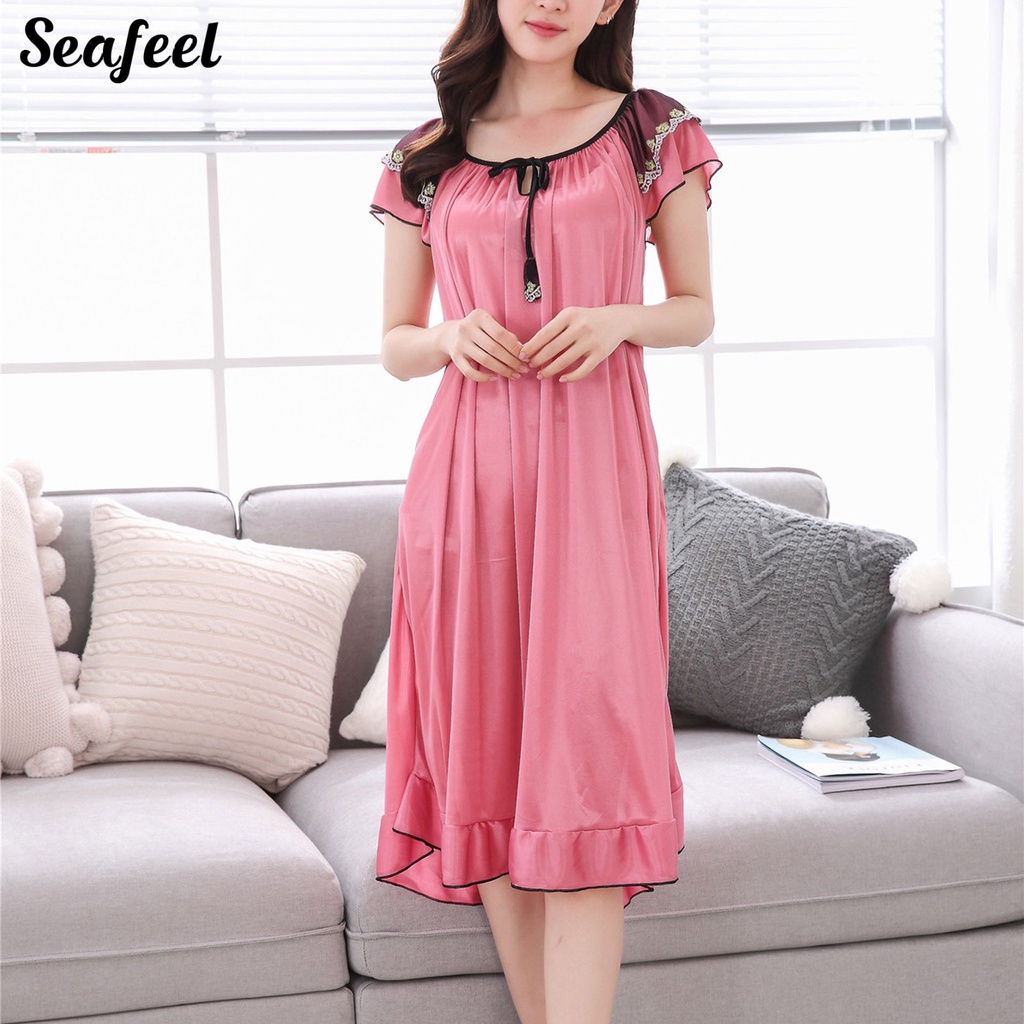 Đầm Ngủ Vải Satin Mỏng Tay Ngắn Cổ Tròn Cột Dây Thời Trang Mùa Hè Xinh Xắn Cho Nữ