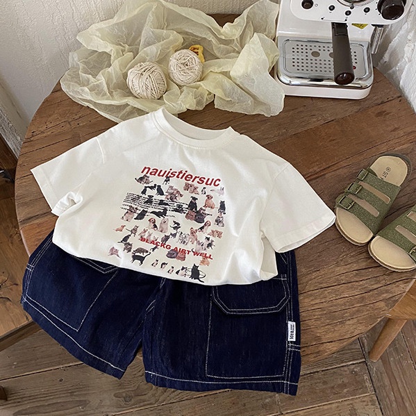 Áo Thun Cotton Màu Trắng Tay Ngắn In Họa Tiết Hoạt Hình Chú Chó Dễ Thương Thời Trang Mùa Hè Phong Cách Nhật Hàn Cho Bé Trai Và Gái