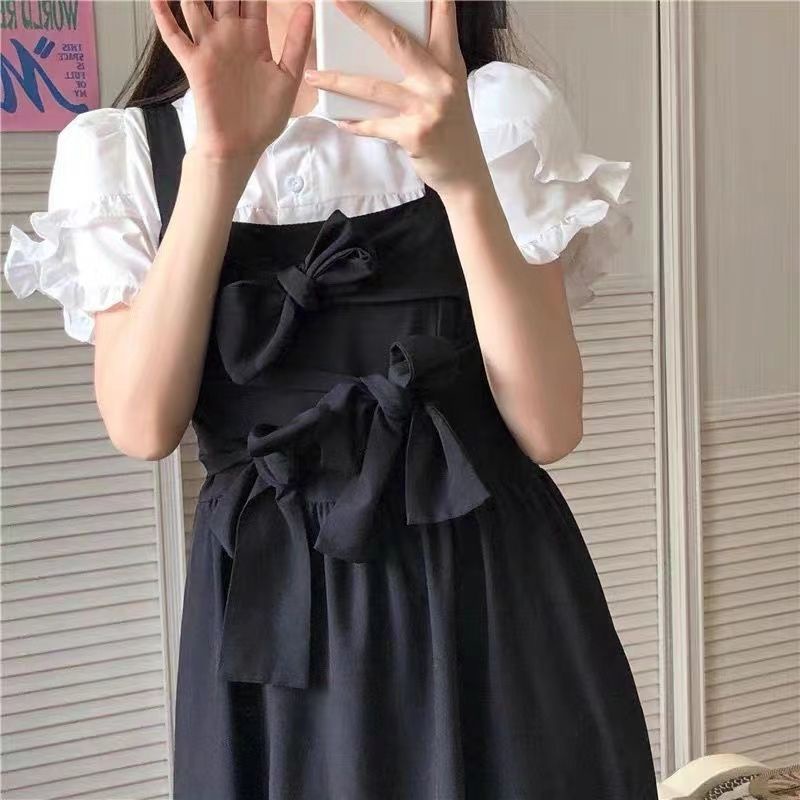 Set Áo Sơ Mi Tay Phồng + Váy Yếm Đính Nơ Xinh Xắn Thời Trang Mùa Hè Cho Nữ