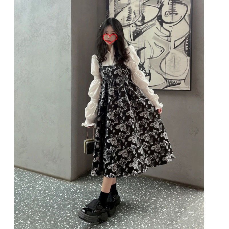 Bộ Áo Tay Phồng + Đầm Yếm Hoa Kiểu Vintage Hàn Quốc Thời Trang Mùa Xuân Năng Động