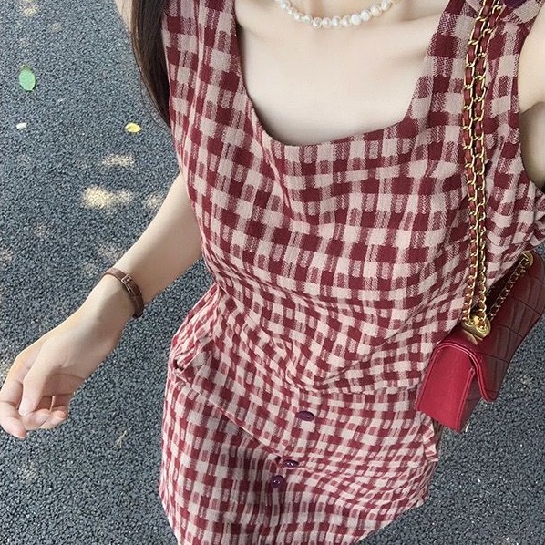 Set Áo Váy Kẻ Sọc Caro Phong Cách Retro Thời Trang Mùa Hè Cho Nữ