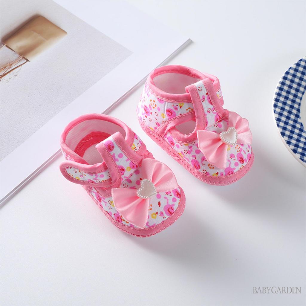 Giày Đế Mềm Chống Trượt Đính Nơ In Hoa Xinh Xắn Cho Bé Gái