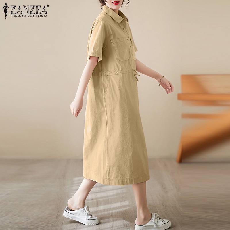 ZANZEA Đầm Tay Ngắn Màu Trơn Cổ Bẻ Rút Dây Thời Trang Hàn Quốc Cho Nữ